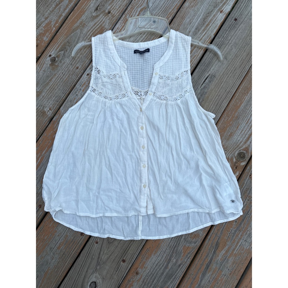 American Eagle White Lace Crochet Sleeveless Gauze Button Front Boho Blouse M